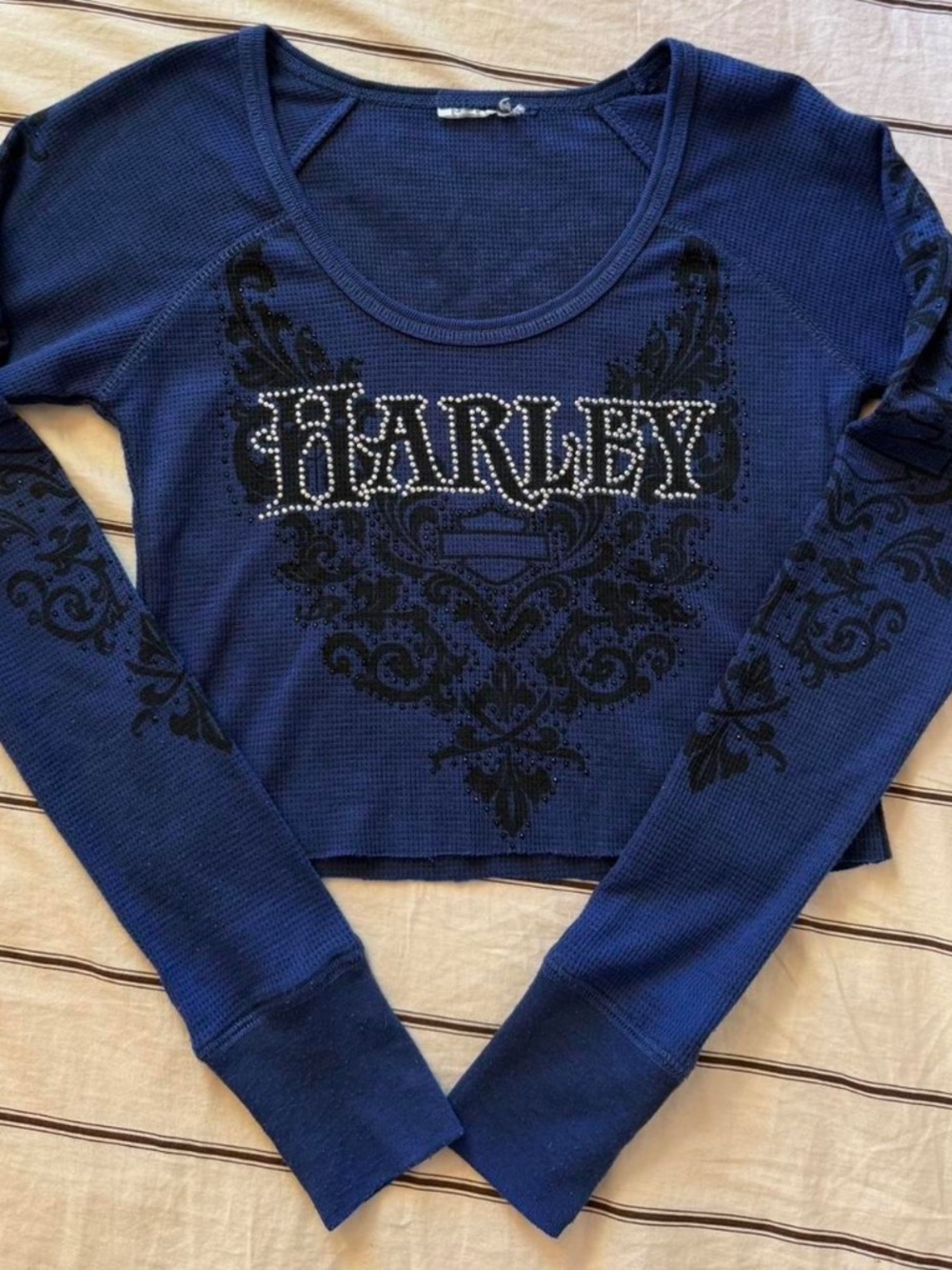 Rare Vintage Harley Davidson Long Sleeve Rhinestone Crop Top